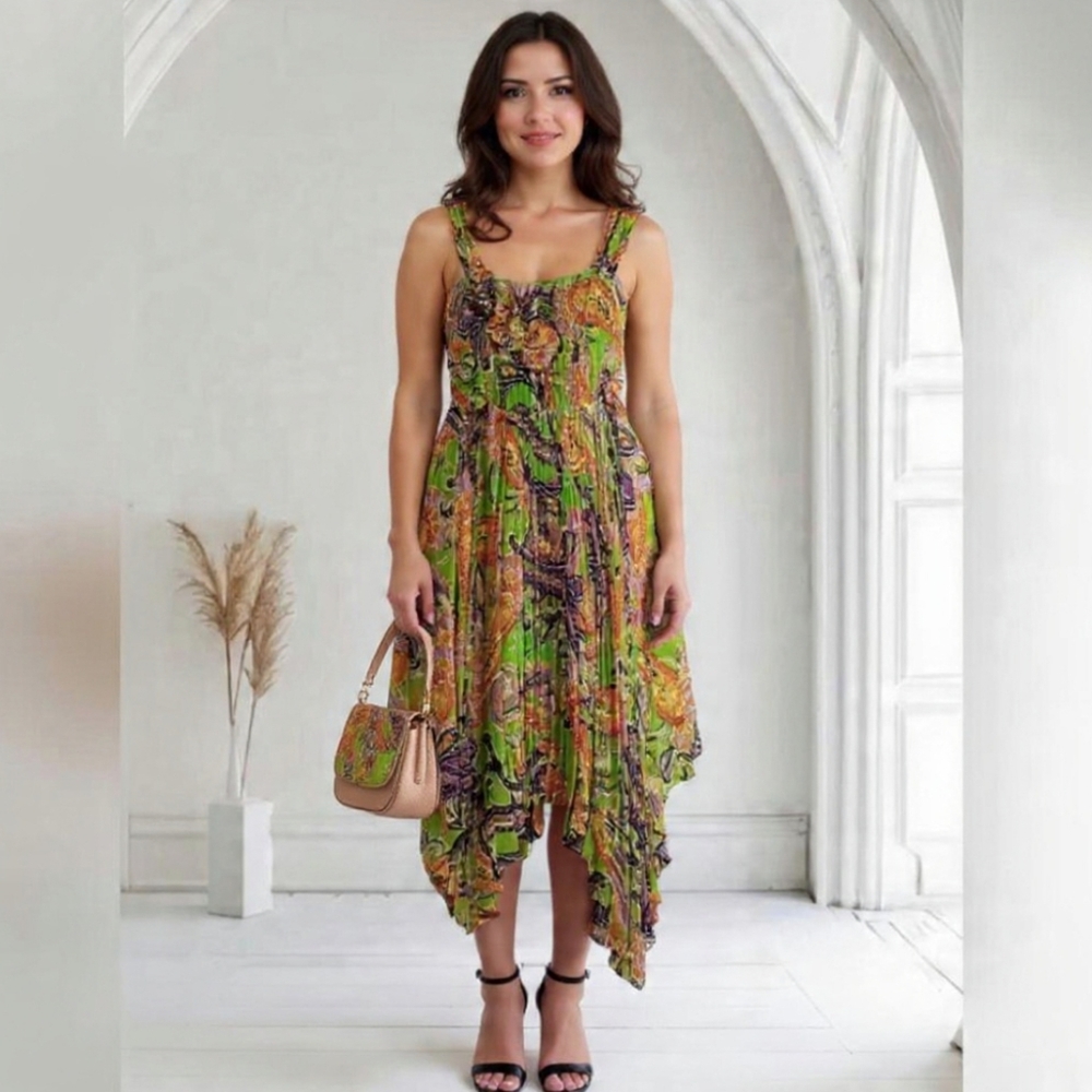 M🍀Vintage Asymmetrical Flowy Pleated Sundress Elastic Bust